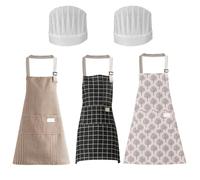 QFEHTHSK 3 Delantales De Cocina, 2 Gorros De Chef, Delantal De Cuadros A Rayas, Delantal Resistente Al Agua Y A Las Manchas, Delantal Ajustable, Delantal De Repostería De Algodón Y Lino