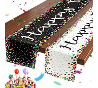 QGGTQG Camino de mesa de cumpleaños de 180 x 33 cm, 2 unidades multicolor con texto "Happy Birthday", mantel de lino para decoración de cumpleaños, fiestas, color negro y blanco