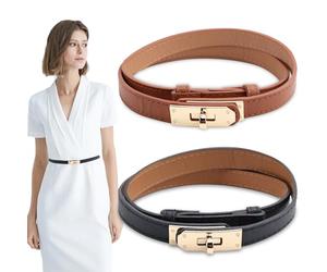 QGGTQG Cinturón Mujer 2 Piezas Mujer Adelgazamiento Clásico Color Sólido Cinturón Decorativo Cinturón Ajustable Delgado Cinturón con Hebilla de Aleación, Negro+marrón, M