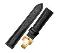 Qgsaghty Correa de reloj de piel de vaca de grano Litchi para mujer, correa de cuero suave con hebilla de mariposa, hebilla de mariposa dorada de doble presión, Negro, 19mm
