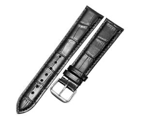 Qgsaghty Pulsera fina de piel de vaca suave, correa de cuero impermeable de 12mm a 24mm para hombres y mujeres, hebilla plateada, patrón de bambú, Negro, 17mm
