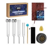 QGU Juego de tenedores de afinación para curación, 128 Hz, 136,1 Hz, 256 Hz, 384 Hz, herramientas de frecuencia ponderadas y sin peso con activador, mazo y bolsa vegana, para yoga, meditación, chakra