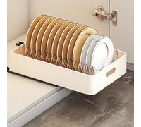 QHENS Escurreplatos Pequeño para Armario, Bandeja Escurreplatos Armario para 13 Platos, Extraíble, Almacenamiento de Placas, 39,7 x 24,5 x 7,5 cm, Sin Taladro, Beig