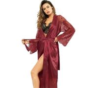 QHMMDCN Bata Seda Mujer Camisón de satén de manga larga con cuello en V for mujer, lencería sexy, ropa de dormir de encaje, camisón, pijama(Wine,L)