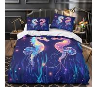 QHNZKJXPRL Arte de caballitos de mar Funda de Edredón Suave Estampado 3D 3 Piezas con Fundas de Almohada Antialérgica Ilustración de fantasía oceánica Funda Edredon for niños Single（135x200cm）