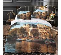 QHNZKJXPRL Escena del Canal Funda de Edredón Cierre de Juego de 3 Piezas Suave Diseño 3D Incluye Fundas de Almohada Lavables Arquitectura Urbana Europea Funda Edredon for Adultos Single（140x200cm）
