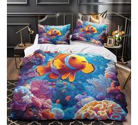 QHNZKJXPRL Pez Payaso bajo el Agua Funda de Edredón Diseño 3D 3 Piezas Suave Cierre de con Fundas de Almohada Antialérgica Vibrante Escena del océano Funda Edredon for Familia Single（135x200cm）