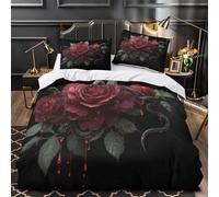 QHNZKJXPRL Rosas sangrientas Funda de Edredón Suave Juego de 3 Piezas Estampado 3D Cremallera Oculta Incluye Fundas de Almohada Diseño Floral gótico Funda Edredon for Adolescentes Single（135x200cm）