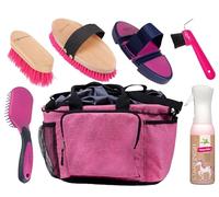 QHP - Kit de cuidado de caballos con bolsa de limpieza, color rosa brillante
