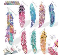 Qhpbuy 8 marcapáginas de plumas con pintura de diamantes, kits de arte de diamantes para niños con colgante de cristal, regalo para niñas de 7, 8, 9, 10 años, marcapáginas con borlas para adultos