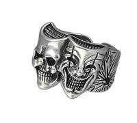 QHQQXN Anillo de Calavera de Payaso con Personalidad para Hombre, Anillo de Calavera de Payaso de Doble Cara, Locomotora de Club Nocturno, Anillo Abierto de Plata 925