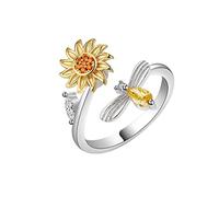 QHQQXN Anillo Fidget De Girasol para Mi Hija,Anillo Giratorio De Plata Antiestrés Y Ansiedad,Regalo De Joyería Abierta Ajustable con Diamantes De Imitación,Anillo Antiestrés Popular Simple Y Versátil