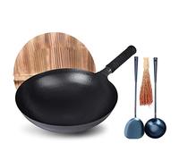 QHQQXN Black Cast Iron Wok Stir Fry Pans Profession Chinese Hand Hammered Iron Woks with Round Bottom & Handle No Coating Less Oil Non-Stick Pot 34cm(36cm)
