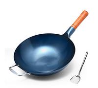QHQQXN Cast Iron Woks and Stir Fry Pans Chinese Hand Hammered Iron Woks Round Bottom Non-Stick Pot Steel Helper Handle & No Coating 34cm(34cm)