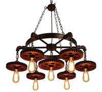 QHQQXN Chandelier Retro Industrial Vintage Pendant Lamp 7 Heads Metal Gear Bedroom Restaurant Hanging Light Height Adjustable Nostalgia Iron Wood Design Decoration Suspension Ceiling Lighting E27*