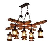 QHQQXN Chandelier Wood Pendant Light Retro Industrial Rustic Hanging Lamp Glass Lampshade Height Adjustable Suspension Lamp Fixture Vintage Wooden Dining Table Living Room Kitchen Lighting,8 Heads