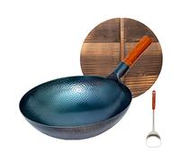 QHQQXN Chinese Traditional Iron Pot Hand Hammered Cast Iron Wok Stir Fry Pans Round Bottom with Wooden Lid & Handle No Coating Less Oil Non-Stick Pot 32cm