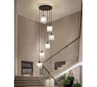QHQQXN Clear Crystal Cylinder Staircase Chandelier Ceiling Lighting - Modern Pendant Light Height Adjustable Black Metal Stairs Long Hanging Lamp for Dining, Living Room, Kitchen Island