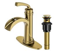 QHQQXN Grifos de baño de una Sola manija, Grifo de baño de Cascada Antiguo de un Orificio de Oro Cepillado con Drenaje emergente de Metal y Placa de Cubierta para Lavabo, tocador, Granja, RV