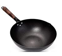 QHQQXN Hammered Wok with Wooden Handle Hand Hammered Wok Pan Iron Pot Suitable for Induction-Pot Diameter 32 cm