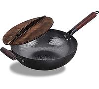 QHQQXN Hand Hammered Carbon Steel Wok with Wooden Lid with Wooden Handle - Frying Pan for Chinese Japanese and Cantonese Cuisine - Flat Bottom Wok for Asian Cuisine-Pot Diameter:32 cm Skillet (Size :