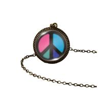 QHQQXN HHRLCH Collar Hippie de Plata de Ley 925 para Mujeres y Hombres, Collar Hippie con Signo de la Paz, Pintura artística, Colgante Vintage, Collares Redondos Impresos con cúpula de Cristal para