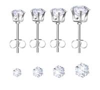 QHQQXN Juego de 4 Pares de aretes de circonita cúbica, aretes de Plata, aretes de cartílago Durmiente para Mujeres y Hombres, circonita cúbica 3A, tamaño 3/4/5/6 mm