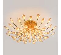 QHQQXN Modern Round Crystal Ceiling Lights,Golden Luxury Dandelion Chandelier G4 Flush Mount Pendant Lighting For Living Room Bedroom Dining Room-Matte lampshade 42light