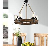 QHQQXN Wagon Wheel Chandelier 6 Light Farmhouse Chandelier for Dining Room, Round Wood Chandelier with Glass Lamp Shade, Rustic Hanging Ceiling Light Fixture for Living Room Bedroom Kitchen Island