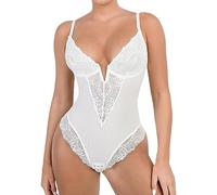 QHQQXN Women V Neck Lace Bodysuit Tummy Control Thong Shapewear Body Shaper Tops Built in Bra Leotard Underwear