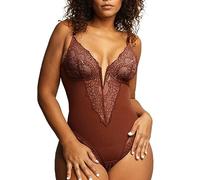 QHQQXN Women V Neck Lace Bodysuit Tummy Control Thong Shapewear Body Shaper Tops Built in Bra Leotard Underwear