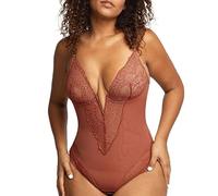 QHQQXN Women V Neck Lace Bodysuit Tummy Control Thong Shapewear Body Shaper Tops Built in Bra Leotard Underwear