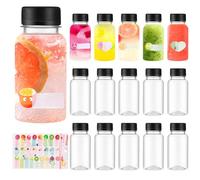 QHSXMQ 15 Pieza Botella de Zumo 100 ml, Botellas de Jugo de Plástico con Tapa Negra,Tarros de Plastico con Pegatina, Mini Botellas para Frigorífico, Almacenar Zumo, Bebidas, Agua
