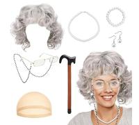 QHSXMQ Juego de 9 accesorios para disfraz de abuela, peluca gris con gorro, gafas con cadena, collar de perlas, pulsera, pendientes, bastón inflable, unisex, gris, moderno, Halloween, Navidad