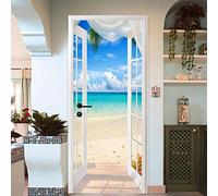 QHWLKJE Arte de puerta 3D Vista a la playa PVC Adhesivo Pegatina Vinilos Decorativos para Puerta Pared Cocina Sala de Baño 77x200cm