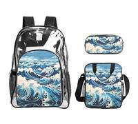 QHZLY Juego de mochila de PVC transparente estilo Ukiyo-e, bolsa de almuerzo, estuche para lápices, ligero y duradero