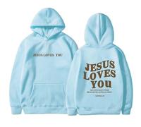 Qiamia Jesus Loves You Sweatshirt, Jesus Hoodies for Women & Men, Over Size Faith Sweatshirts with 50 PCS Bible Stickers (Sky Blue,M)