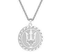 QIAMNI Collar de moneda de acero inoxidable 316L para Poseidón, colgante griego del dios del mar/collar de talismán Tridente unisex (plata), 1.1"x1", Acero inoxidable