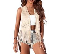 Qianderer Chaleco de mujer con franja de los años 60 y 70 estilo hippie, sin mangas, estilo vaquera occidental, de ante sintético, con borlas de cuero, chaqueta estilo boho, chaleco vintage hippie, M