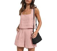 Qianderer Conjunto de 2 piezas de verano para mujer, conjunto de lino a juego, 2 piezas, pantalones cortos, pantalones cortos con bolsillos para vacaciones en la playa
