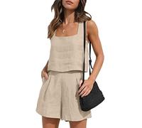 Qianderer Conjunto de 2 piezas de verano para mujer, conjunto de lino a juego, 2 piezas, pantalones cortos, pantalones cortos con bolsillos para vacaciones en la playa
