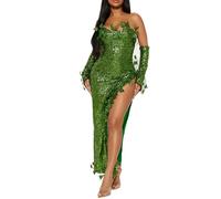 Qianderer Disfraz de Halloween Green Poison Ivy Cosplay de hojas falsas con lentejuelas con guantes para la cabeza Set para mujeres, Verde Largo, 38
