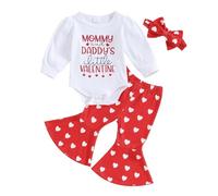 Qianderer My First Valentines Day - Traje de bebé niña con estampado de corazón, manga larga y pantalones acampanados, diadema con lazo, ropa infantil, Rojo Bb, 12-18 meses