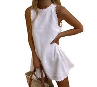 Qianderer Vestido sin mangas Y2K para mujer, estilo halter, festoneado, de verano, casual, acampanado, para playa, lino, vestido de verano, Ba White, XL