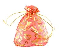 QIANHAILIZZ 100 bolsas de regalo de organza con diseño de corazón de flores de 3.5 x 4.7 pulgadas, bolsas de regalo para caramelos, bolsas de regalo de boda con cordón X92 (flor roja y dorada)