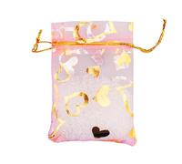 QIANHAILIZZ Paquete de 100 bolsas de regalo de organza con corazón de flores de 2.8 x 3.5 pulgadas, bolsa de regalo para caramelos, bolsas de regalo de boda con cordón B511S (corazón dorado rosa)