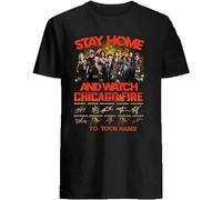 QIANHANTANG Stay Home and Watch Chicago Fire Signatures Cute Funny Cool Unisex 100% Cotton Short-Sleeve T-Shirts Black L