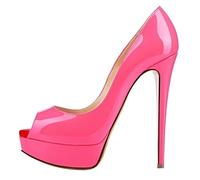 QIANKUN Plataforma de punta abierta sexy para mujer, zapatos de tacón alto de charol, zapatos de tacón alto de cuero rojo de la boda, 42