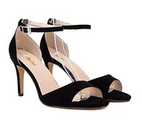 QIANKUN Sandalias de rayón para mujer, tacones altos, sexy, fiesta, tacones bajos, boda, verano, negro, 8.5