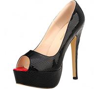 QIANKUN Tacones altos para mujer, zapatos de fiesta, zapatos de boda, con plataforma abierta, diseño de cocodrilo, zapatos de boda, negro, 39